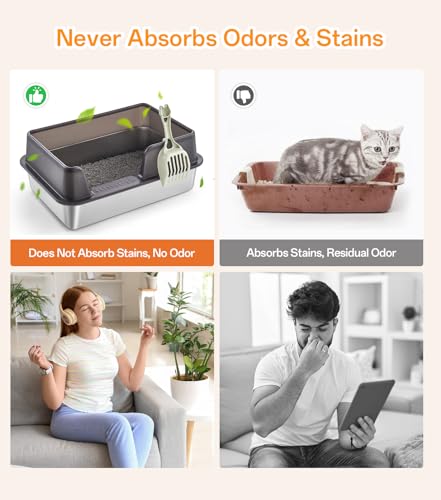 XL Stainless Steel Cat Litter Box, Large Cat Litter Tray with High Sides Anti Leakage, Odor Control, Metal Litter Box with Anti-slip Bottom, Easy Cleaning Kitten Litter Tray for Cats, Black - Image 6