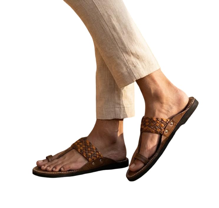 Image of Agadi Men's Kolhapuri Style Sandals | Handcrafted Woven Strap Toe Ring Chappals | Comfortable Ethnic & Casual Slip-On Footwear for Men