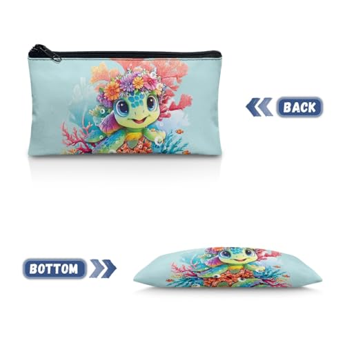 Image of Sea Turtle School Pencil Case Aesthetic Light Blue Pencil Pouch for Preschool Floral Pen Organizer for Toddlers Lightweight Pen Holder for Girls