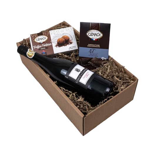 The Wine Guys Präsentkorb „Gaumenfreude“ Italienischer Rotwein Sangiovese und französische Schokoladentrüffel und Vollmilchschokolade als Geschenkset