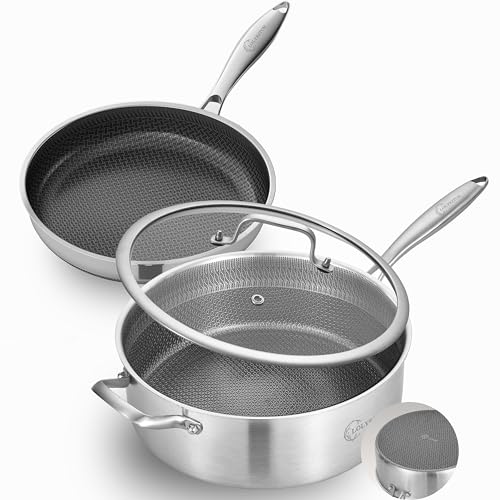 Image of LOLYKITCH 7 QT & 12 Inch Ceramic Nonstick Pan Set – Tri-Ply Stainless Steel Large Sauté Pan with Lid & Frying Pan – Removable Handle for Easy Storage, PFOA-Free, Induction & Oven Safe