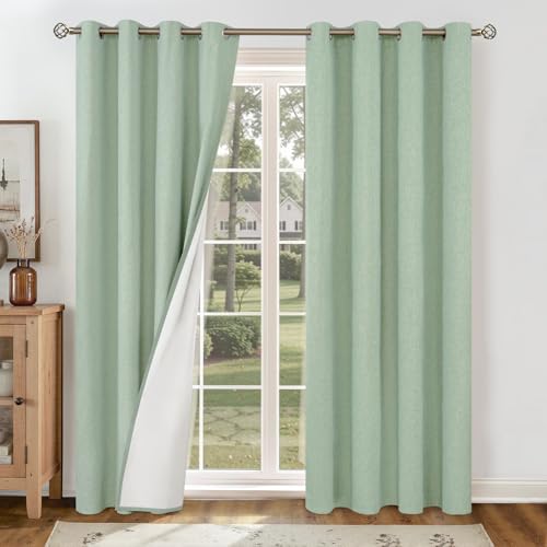 Image of YoungsTex Light Green Linen 100% Blackout Curtains for Bedroom 80 Inch Length, Full Room Darkening Thermal Insulated Drapes with Grommet Spring Decor for Living Room Dining, 2 Panels, 52 X 80 Inch