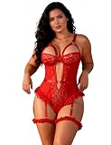 ohmydear Lingerie Femme Dentelle Body Lace Teddy Bodysuit avec Porte Jarretelles Grandes Tailles Lingerie Set Garter Slim Ventre sous vêtements
