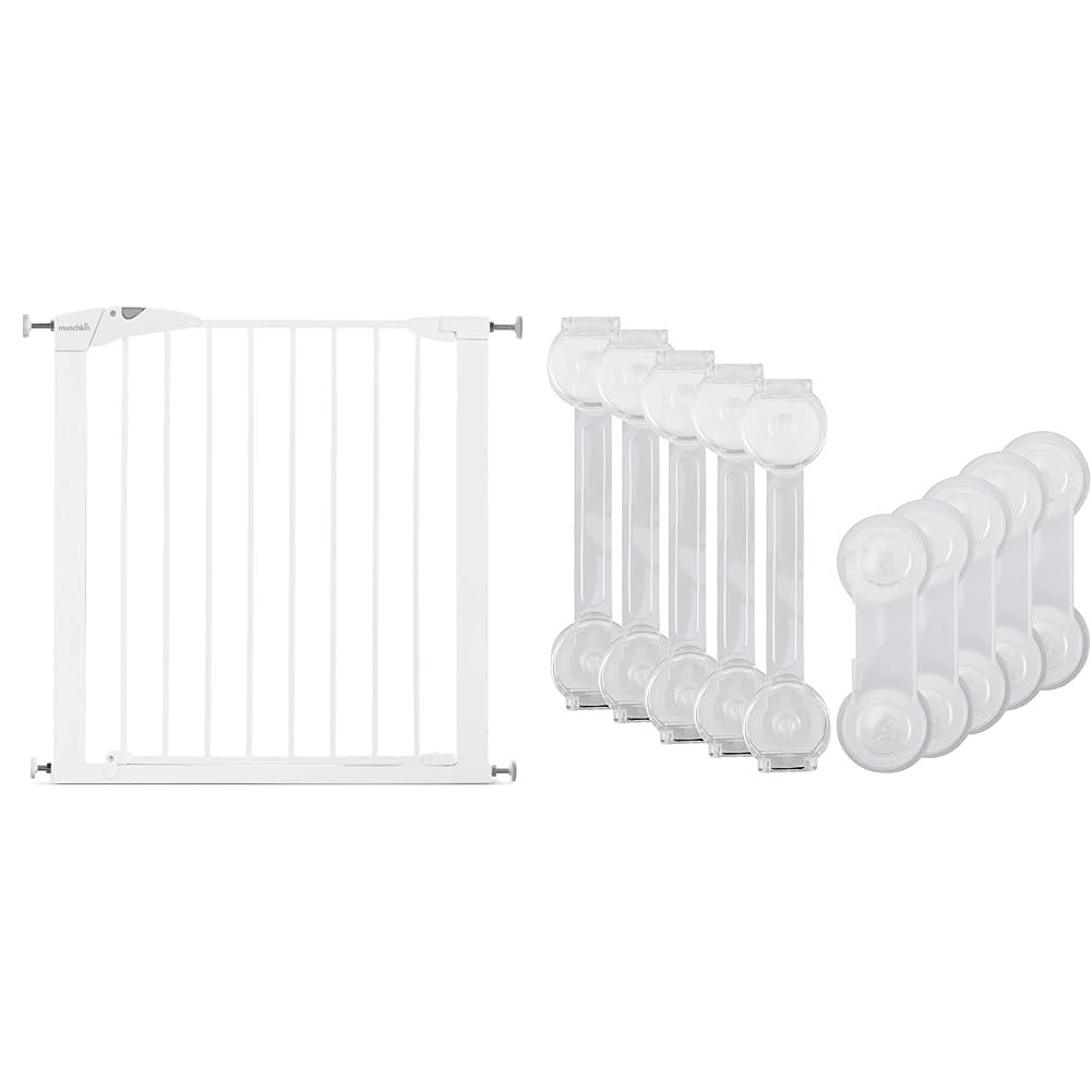 Munchkin Valla de Seguridad Infantil, Barrera de Escalera para Bebés y Niños Pequeños & BillyBath Seguridad Puertas Niños 10pcs, Cierre Seguridad Cajones Bebe Protector Cierres