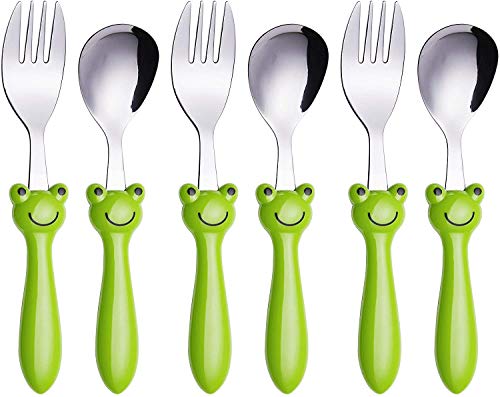 ANNOVA Kids Silverware 6 Pieces Set Childrens Flatware - Stainless Steel Cutlery - 3 x Safe Forks 3 x Tablespoons - Safe Toddler Utensils Without Knives for Lunch Box BPA Free Frog x 6 PCS