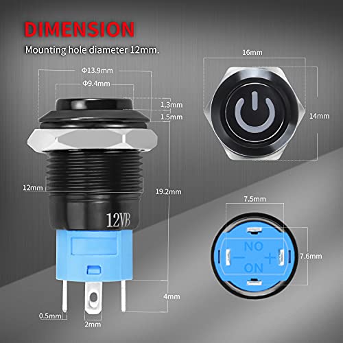 Daiertek 6Pcs Latching Push Button Switch 12V Led Blue Waterproof On Off Maintained 12 Volt 12Mm Small Round Metal Black Wired For Marine Boat Car Truck #TOP1