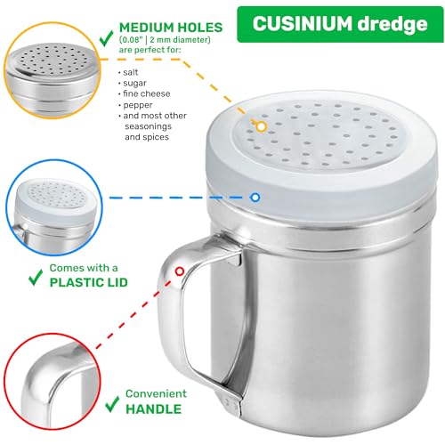 Image of CUSINIUM Metal Salt Pepper Dredge Shakers - With Handle - Seasonings Spice Shakers With Holes and Lids - 10 Ounce, 2pcs | Style: Medium