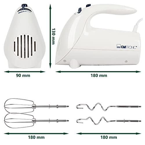 Foto von Clatronic elektrischer Handmixer | 250 Watt Motor | 5 Geschwindigkeitsstufen | Auswurftaste | robuste Edelstahlquirle und -knethaken | Spülmaschinengeeignet | HM 3014 weiß
