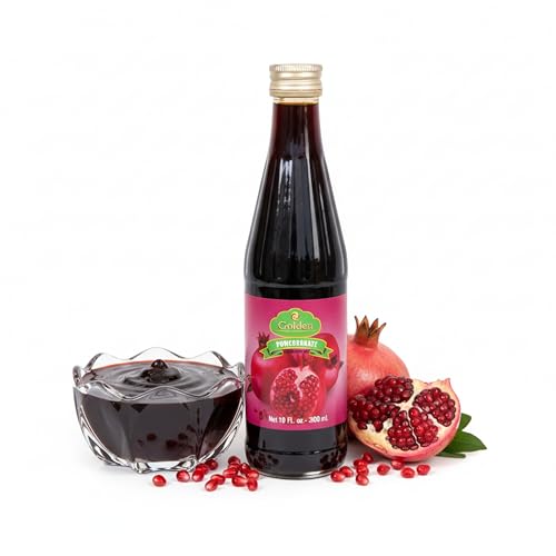 Golden Pomegranate Molasses - No Sugar Added - Non GMO, Gluten Free & Vegan - 100% Natural Pomegranate Syrup for Drinks, Salads & Toppings - Naturally Thick Flavour Booster, 10 fl oz (300 ml)