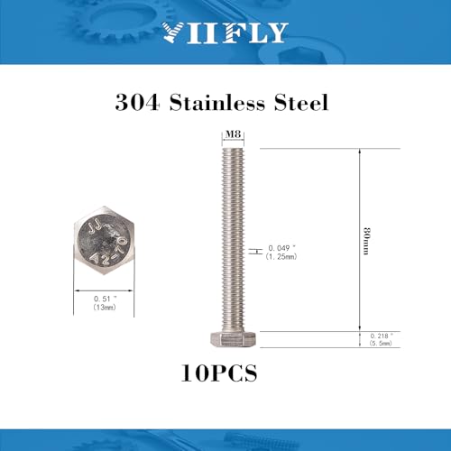 Image of M8x1.25 x 80mm Hex Head Screws Bolts, 304 Stainless Steel (A2-70), Bright Finish, Fully Threaded, Hexagon Head Bolts, Quantity 10