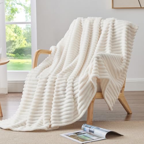 Image of BEDELITE Ribbed Twin Blanket for Couch & Bed, Cream, 66 inchx90 inch