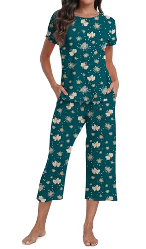 Image of YUNDAI Women's Short Sleeve Pyjama Set Floral Print Soft Loungewear 2 Piece Nightwear Top and Capri Pants with Pockets, X-Large Butterfly Gray Blue