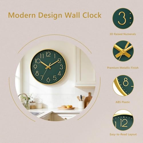 Image of DAXSMY Wall Clock 12 Inch Dark Green Decorative, Battery Operated Silent