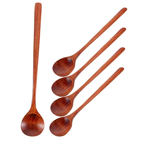 HOLIDYOYO Long Handle Wooden Spoon Set 5pcs Ladle Spoons for Coffee Bar Espresso Stirrer Non-slip Wooden Utensils