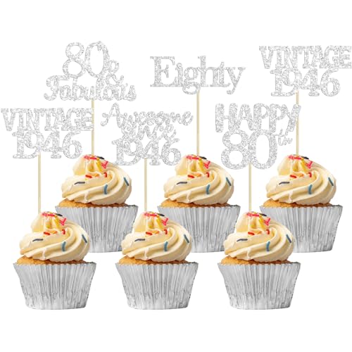 Gyufise 30Pcs Vintage 1946 Cupcake Toppers Glitter Eighty Happy 80th Birthday 80 Fabulous Cupcake Picks Awesome Since 1946 Cake Decorations for 80th Birthday Anniversary Party Supplies Silver