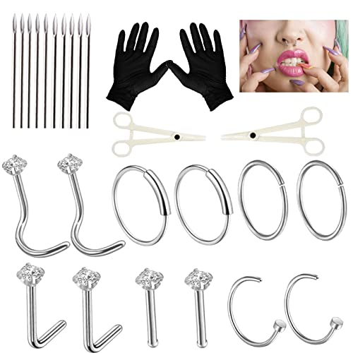 Nose Piercing Kit,SOTICA Piercing Needles Kit with Nose Rings Nose Studs Professional Stainless Steel Nose Piercing Kit With Piercing Clamps Jewelry for Nose Piercing Supplies