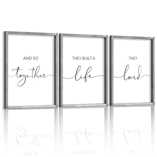 Houmury Framed Set of 3 And So Together They Built A Life They Loved Above Bed Wall Decor Wall Art for Farmhouse Home Bedroom Kitchen Living Room Wood Signs (Gray,12'x16')