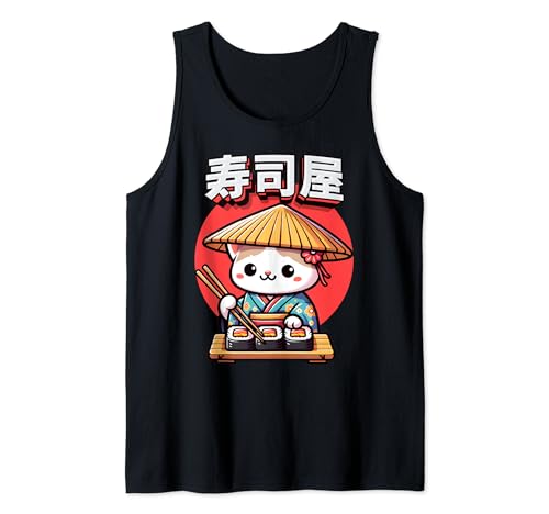 Japonés Kawaii Anime Gato Sushi Camiseta sin Mangas