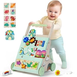 Houten Baby Walker, Dinosaurus Peuter Push Walker, Montessori Leren Activiteiten Centrum voor Jongens Meisjes, Ontwikkelt Motorische Vaardigheden Zit-Sta Speelgoed Multifunctionele Educatieve