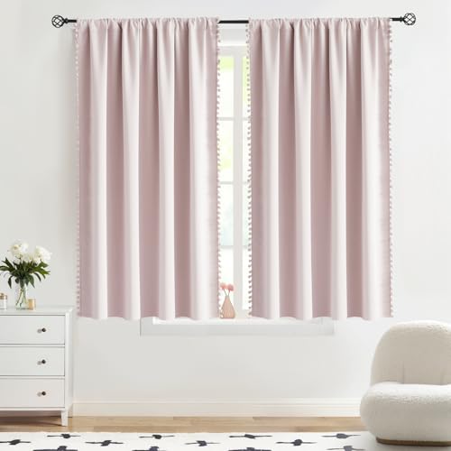 Image of Pom-pom Pink Blackout Curtains for Bedroom 63inch Length Energy Efficient 100% Full Blackout Window Panels for Baby Girls Nursery Living Room Adorable Rod Pocket Drapes 2pcs 52 inchw Rod Pocket