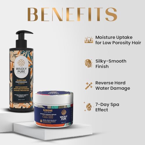 Image of Wildly Pure Clarifying Shampoo & Hair Mask Combo for Hard Water, Metal Damage & Deep Conditioning | With Phospholipids, 12 Oils & Hyaluronic Acid | For Dry, Frizzy, Oily Scalp & Low Porosity Hair | Sulphate & Paraben Free | Men & Women (Pack of 2)