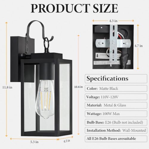 RLdream 11.8" Dusk to Dawn Outdoor Wall Light, Clear Glass All-Metal Frame - image 5