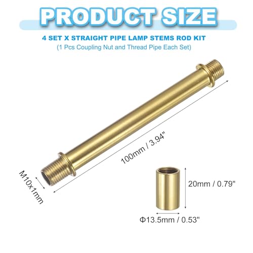 Image of PATIKIL Straight Pipe Lamp Stems Rod Kit, 4 Set M10 Carbon Steel 100mm(3.94 inch) Long Double End Thread Rod with Coupling Nuts Sleeve Connector for Table Lamps Chandeliers,Copper