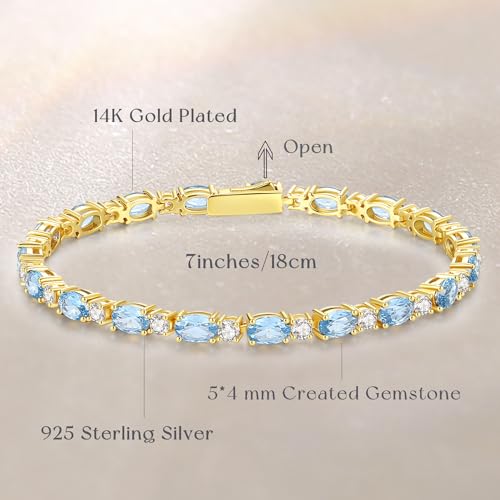 Fancime 14K Gold Plated Sterling Silver Created Aquamarine Tennis Bracelet March Birthstone Bracelet Cubic Zirconia Oval Gemstone Gold Bracelets For Women 7 Inch thumb #2
