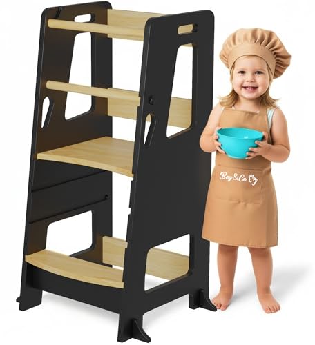 BEY & CO® Lernturm/Entdeckerturm aus Holz – Küchenhelfer für Kinder – 3-Fach höhenverstellbar, mit Rutschfester Oberfläche und kippsicheren Füßen - Montessori-Methode - Ab 12 Monaten (Schwarz)
