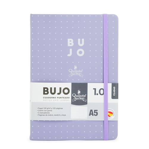 Quijote Paper World Bullet Journal A5 - Libreta de puntos, Cuaderno punteado, Tapa Dura Extrasuave, 62 Hojas, 100gr/m, para Planificación, Estudio, Lettering, Viajes o Diario - Lila
