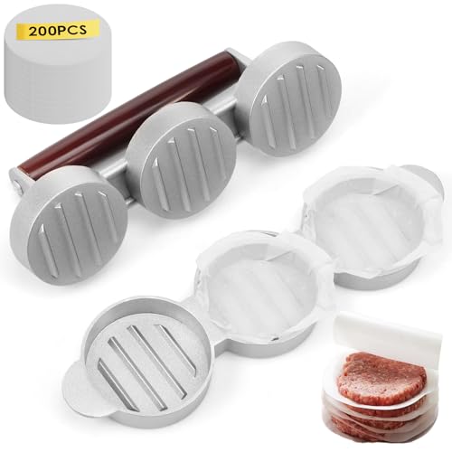 AULSAM Presse à hamburger pour 3 mini burgers - Mini presse à hamburger en fonte d'aluminium avec revêtement antiadhésif et 200 feuilles de papier sulfurisé pour plusieurs personnes (argenté, 1 à 3