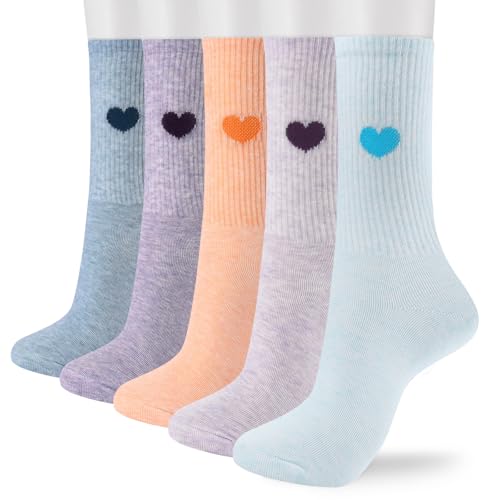 Image of Corlap Women's Cotton Crew Calf Socks - 5 Pairs Ankle High Dress Casual Socks, Fun Cute Heart Gifts for Mom Mother