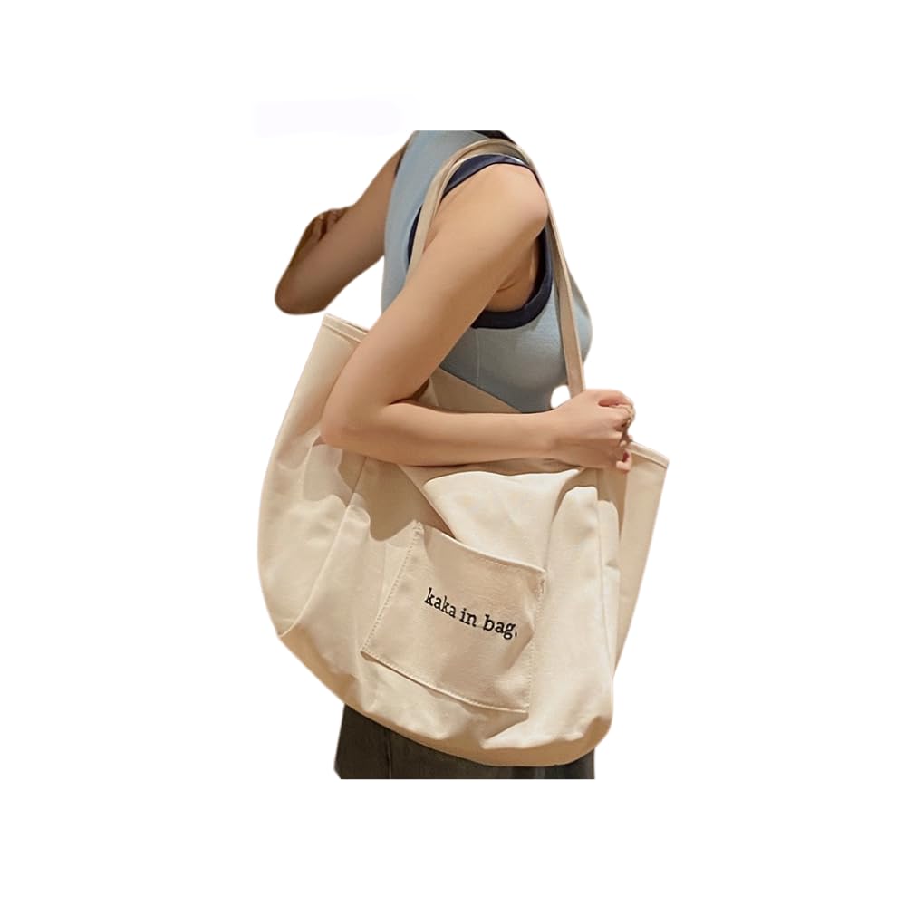 JHTPSLR Streetwear Aesthetic Canvas Tote Bag Women Ins Style Large Capacity Shoulder Bag Shopping Bag Grocery Bag (Beige)