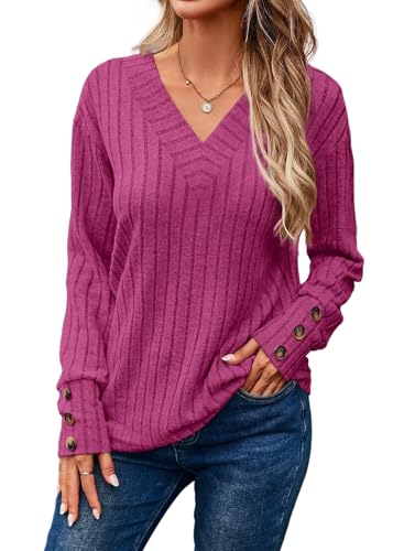 Image of Dokotoo Womens Tops V Neck Lightweight Sweater Fall Long Sleeve Top 2026 | Decorative Buttons, Soft Breathable Knit Material, Pullover Tunic Tops, Business Casual, Fall Outfits, Winter Clothing 2026