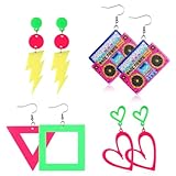 Jeffdad 4 pares de pendientes de neón de los años 80 y 90 para mujer, pendientes de cinta de casete, pendientes con forma de corazón, accesorios de neón acrílicos, para fiesta temática, disfraz