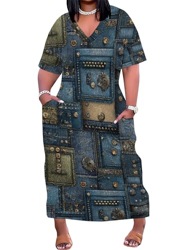 Image of SUZONANA Plus Size Denim Print Maxi Dresses for Women Casual V Neck Short Sleeve with Pockets Soft Jean Look Dress XL-6XL