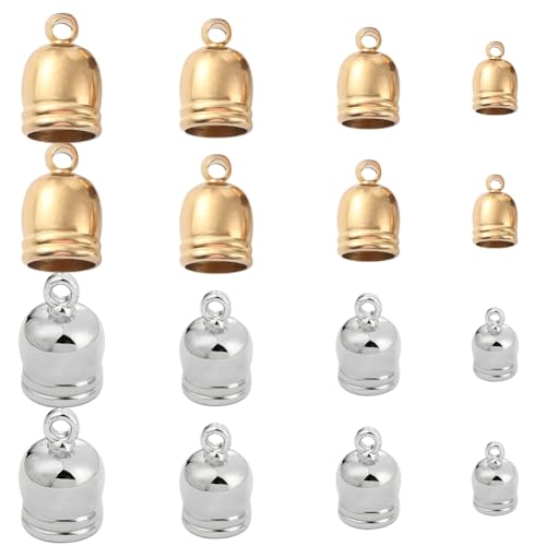 SUNNYCLUE 1 Box 48Pcs 8 Styles Barrel End Caps Metal Cord Ends Tassel Caps Gold Silver Leather Cord End Caps Brass Leather Ends Caps Glue in Barrel End Caps for Jewelry Making DIY Bracelet Necklace