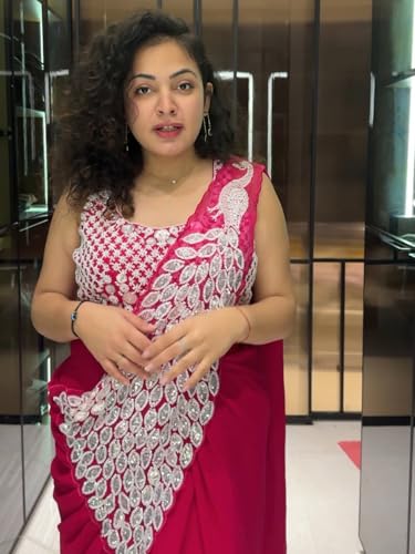 Image of Ready to Wear Faux Georgette Saree with Fully Embroidered Stylish Blouse | Pre-Stitched Saree for women