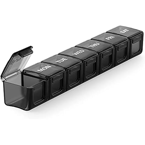Sukuos Extra Large Weekly Pill Organizer, 7 Day Daily Pill Box Case Easy to Open, Silkscreen Printed Medicine Container with Clear Lid for Vitamins, Fish Oils or Supplements Cover
