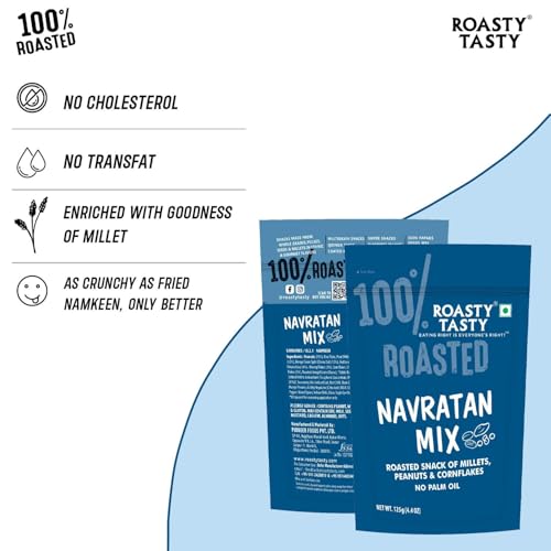 Image of Roasty Tasty Navratan Mix 125g | Healthy Roasted Namkeen with Millets, Peanuts & Dry Fruits | No Palm Oil Snacks & Millet Namkeen | No Added Sugar | Protein-Rich Indian Snack | Guilt-Free Tea Time Mix | Clean Label Snacks for Adults