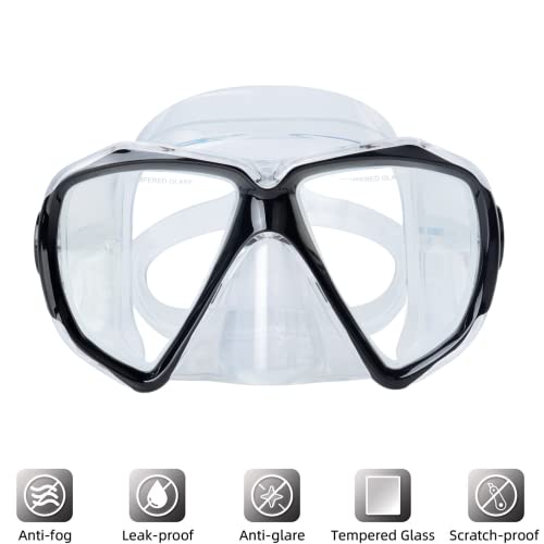 Image of Snorkel Diving Mask Panoramic HD Swim Mask, Anti-Fog Scuba Diving Goggles,Tempered Glass Dive Mask Adult Youth Swim Goggles with Nose Cover for Diving, Snorkeling, Swimming (Clear Black)