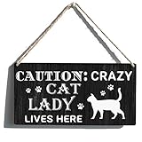 Cat Lady Sign Gift Farmhouse Caution Crazy Cat Lady Lives Here Wooden Hanging Sign Plaque Rustic Wall Art Decor for Home Decoration 12 x 6 Inches