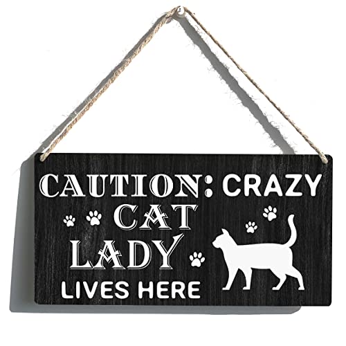 Cat Lady Sign Gift Farmhouse Caution Crazy Cat Lady Lives Here Wooden Hanging Sign Plaque Rustic Wall Art Decor for Home Decoration 12 x 6 Inches