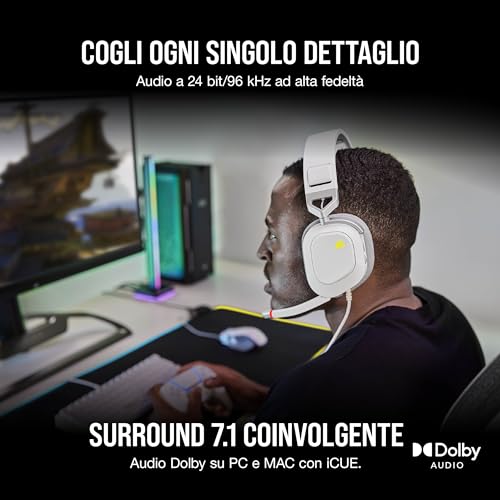 HS80 RGB USB Cuffia Gaming con Microfono Premium con Audio Surround 7.1, Microfono Broadcast Omnidirezionale, Controlli per Volume e Mute sul Padiglione, Illuminazione RGB Dinamica, Bianco - Cuffia gaming - Immagine 1