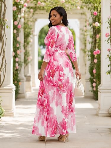Image of SUZONANA Plus Size Dresses for Women Floral Print Maxi Dress Flowy 3 /4 Sleeve with Belt