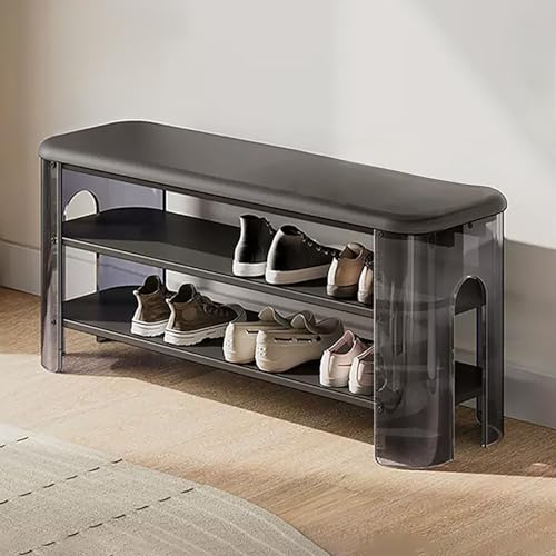 Genérico Banco Zapatero Moderno con Asiento de Cuero y Patas de acrílico, Organizador de Varios Niveles para la Entrada, Elegante Estante de Madera para Pasillo y Sala de Estar, versátil Espacio de a