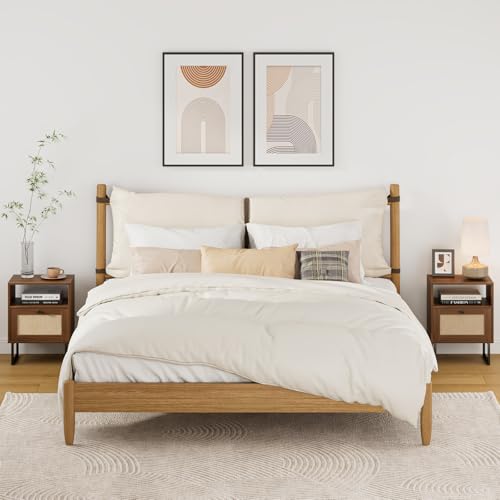 Image of Rattan Nightstand, Mid Century Modern Night Stand,Boho Farmhouse Wood Bedside Table with Storage and Open Shelf, End Side Accent Table for Bedroom,Living Room,Walnut
