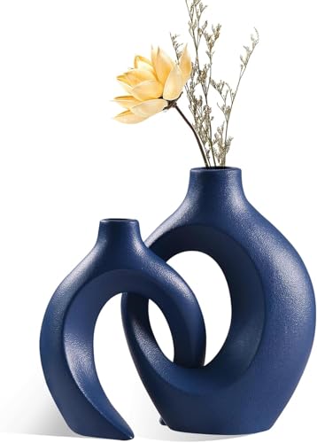 Anquephd Jarrón de cerámica hueco azul, juego de 2 jarrones redondos modernos únicos para decoración de estilo minimalista nórdico, rosquilla boho estética