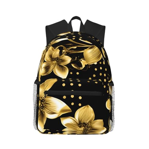 Mochila de flores negras y doradas con acabados premium y tela impermeable