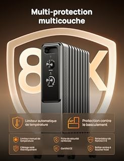 Dreo Radiateur à huile 2000W avec 9 ailettes, chauffage électrique silencieux pour chambre, thermostat réglable, protection surchauffe et basculement, sécurité enfant et mode économie d’énergie